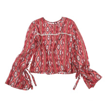 recycle plastic women western blouse  button open lace digital  aztec print Rpet brick color chiffon top tied ruffle cuffs tunic